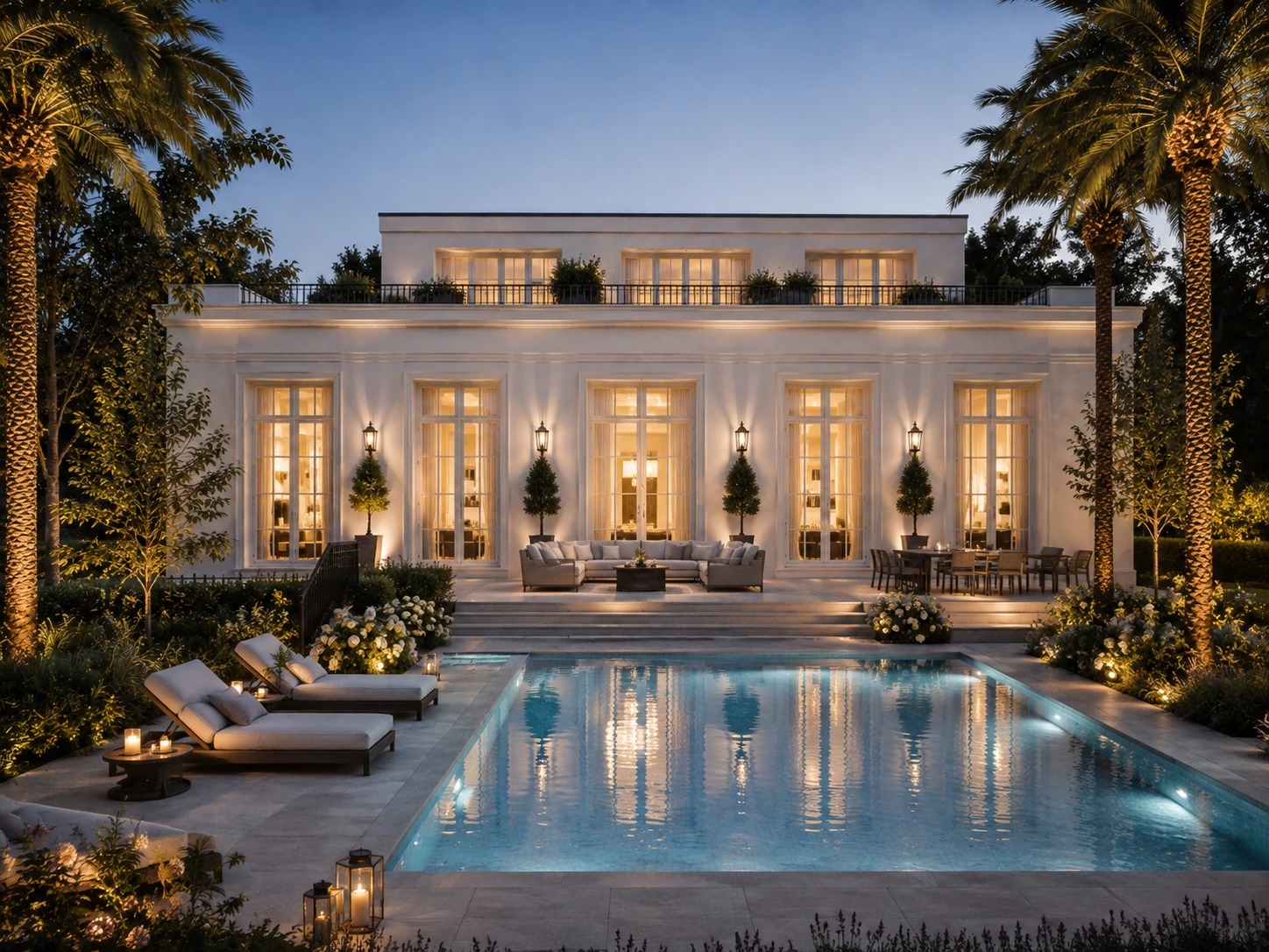 Gartenseite mit Pool und Terrasse
