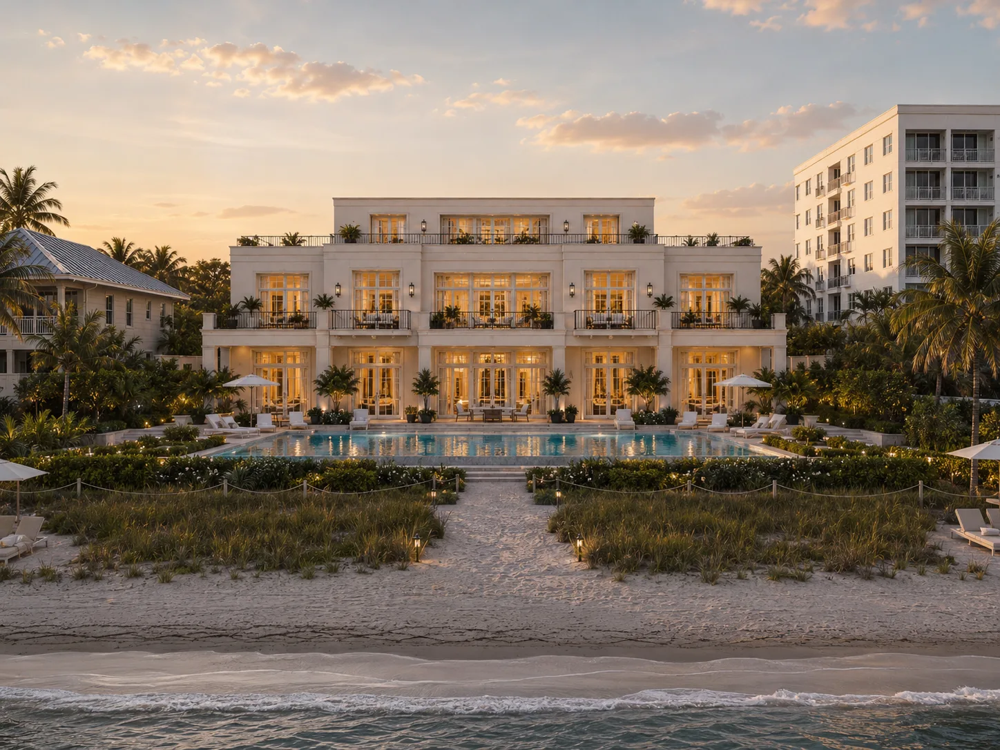 Meerseite des Hotels in Palm Beach in der DÃ¤mmerung, Poolterrasse und Strand