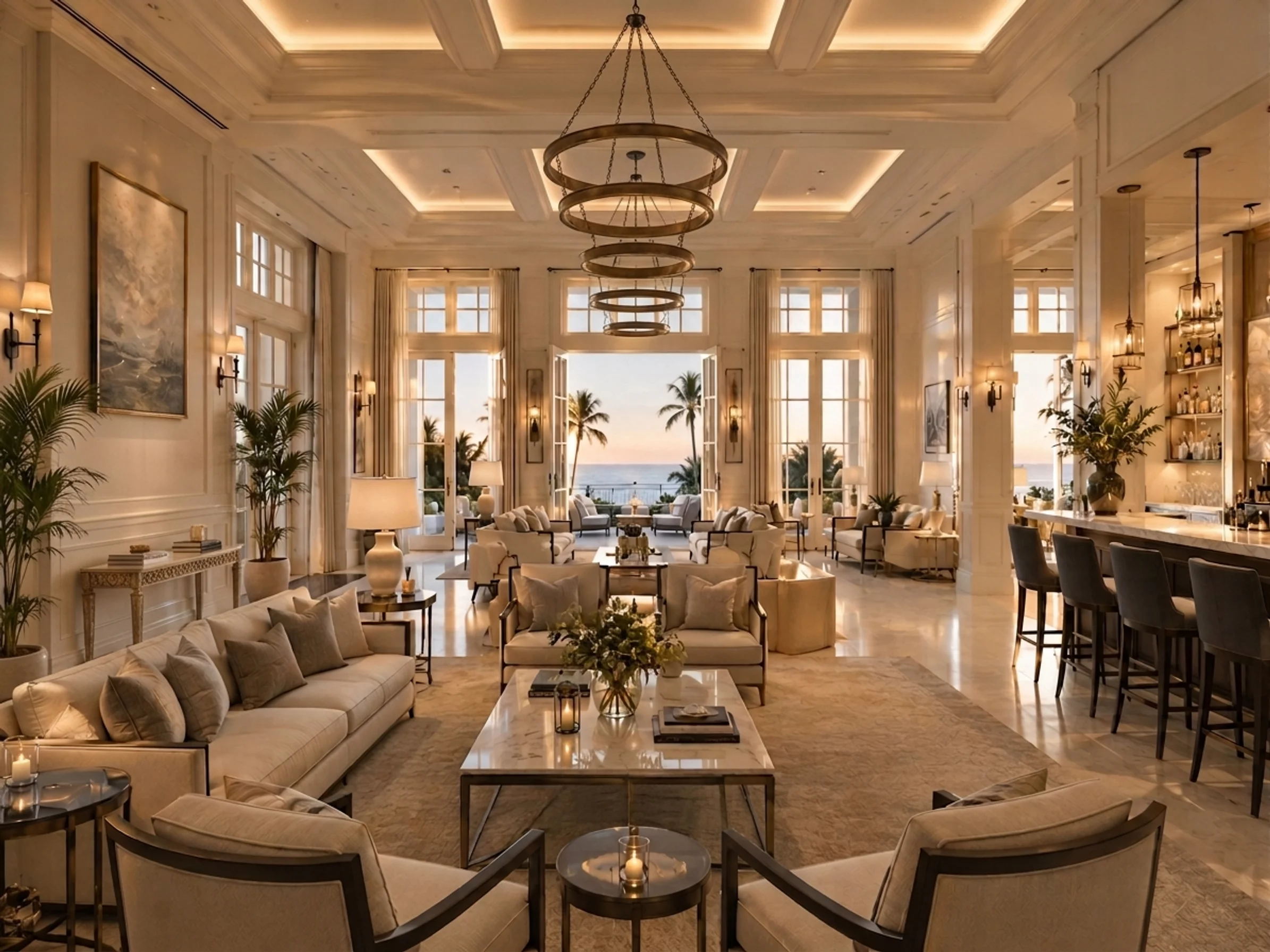 Salon mit kassettierter Decke, Kamin, Bar und Flügeltüren zum Meer