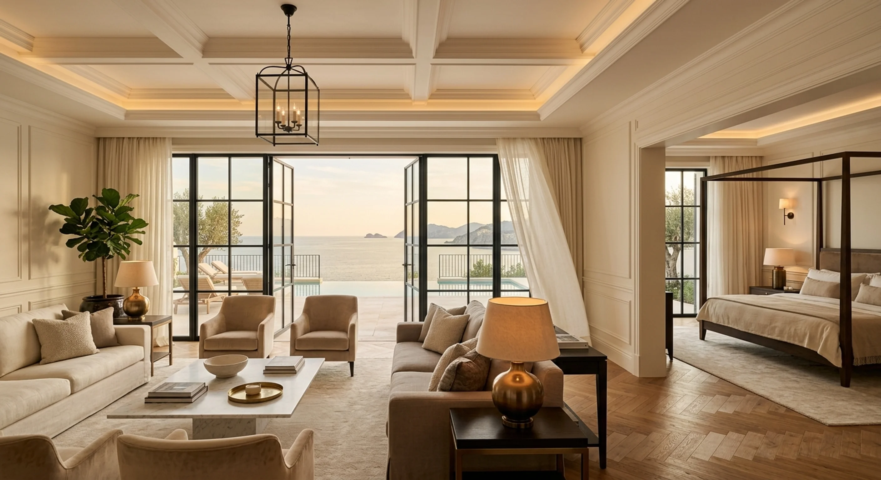 Suite mit Sitzbereich, Himmelbett und Stahlrahmentüren zu Terrasse und Meer