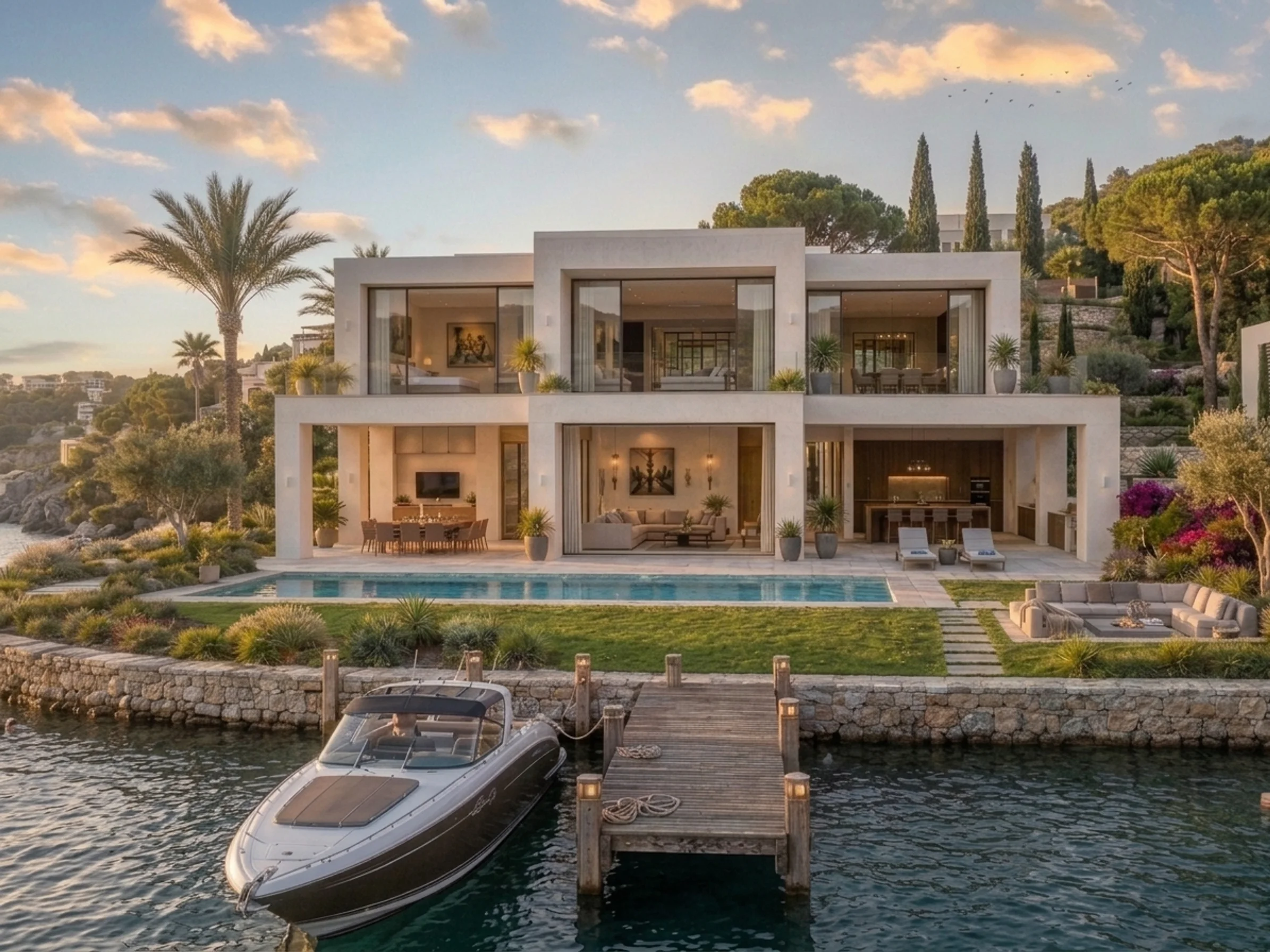 Moderne Villa am Hang mit Pooldeck, Rasen und Steg in der Dämmerung