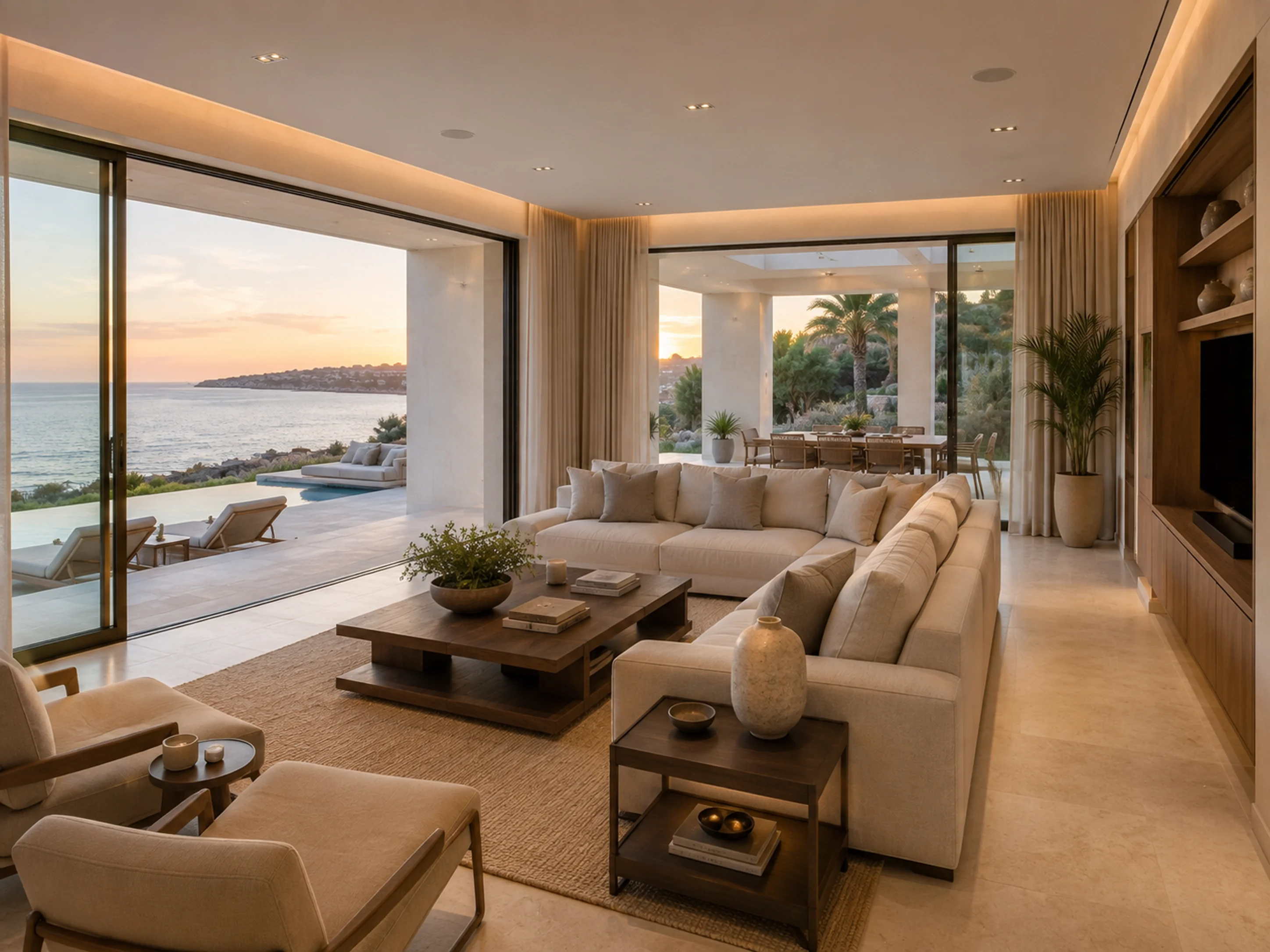 Wohnraum der Hangvilla, offen zur Poolterrasse und zur Bucht