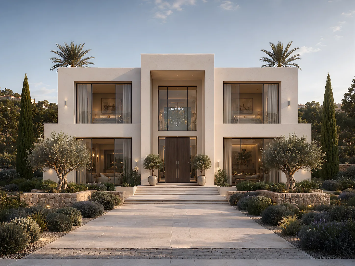 Moderne Villa auf Mallorca: streng symmetrische Fassade mit zurückgesetztem Eingangsportal, Olivenbäume und Natursteinmauern entlang der Vorfahrt im Abendlicht