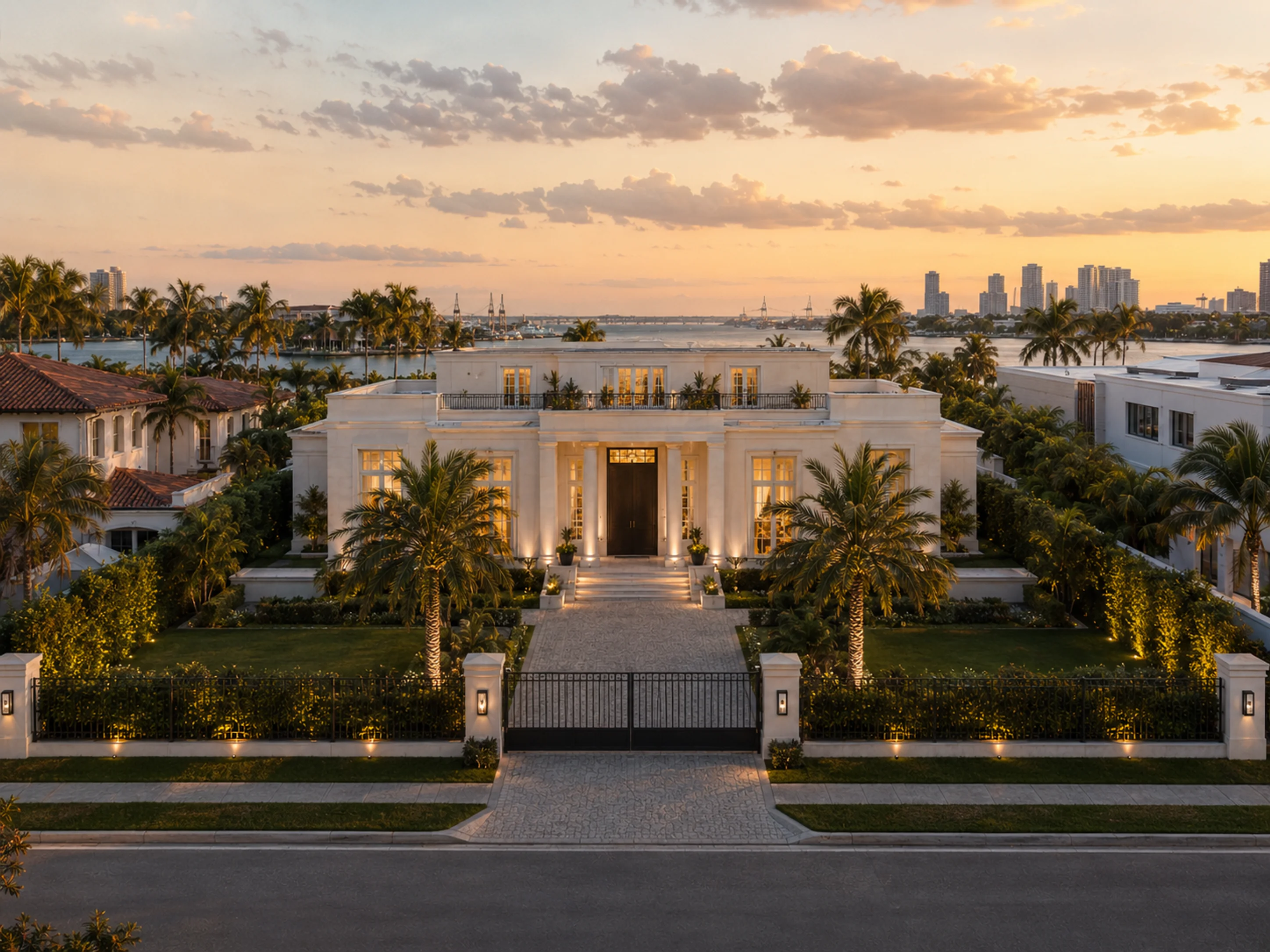 Klassische Moderne - Villa am Wasser, Straßenansicht im Abendlicht mit Skyline